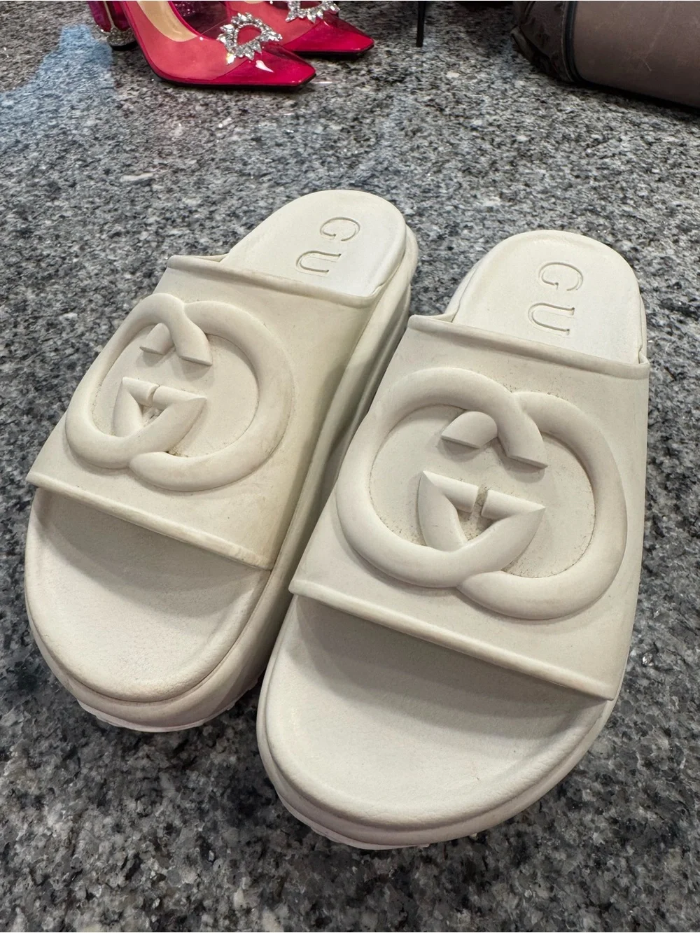 Gucci Cream Rubber Interlocking GG Slide Sandals - Size 41